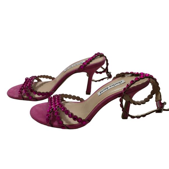 Charles David Penelope Pink Rhinestones Suede Ankle Strap Heels Sandals Size 10 - Picture 8 of 11